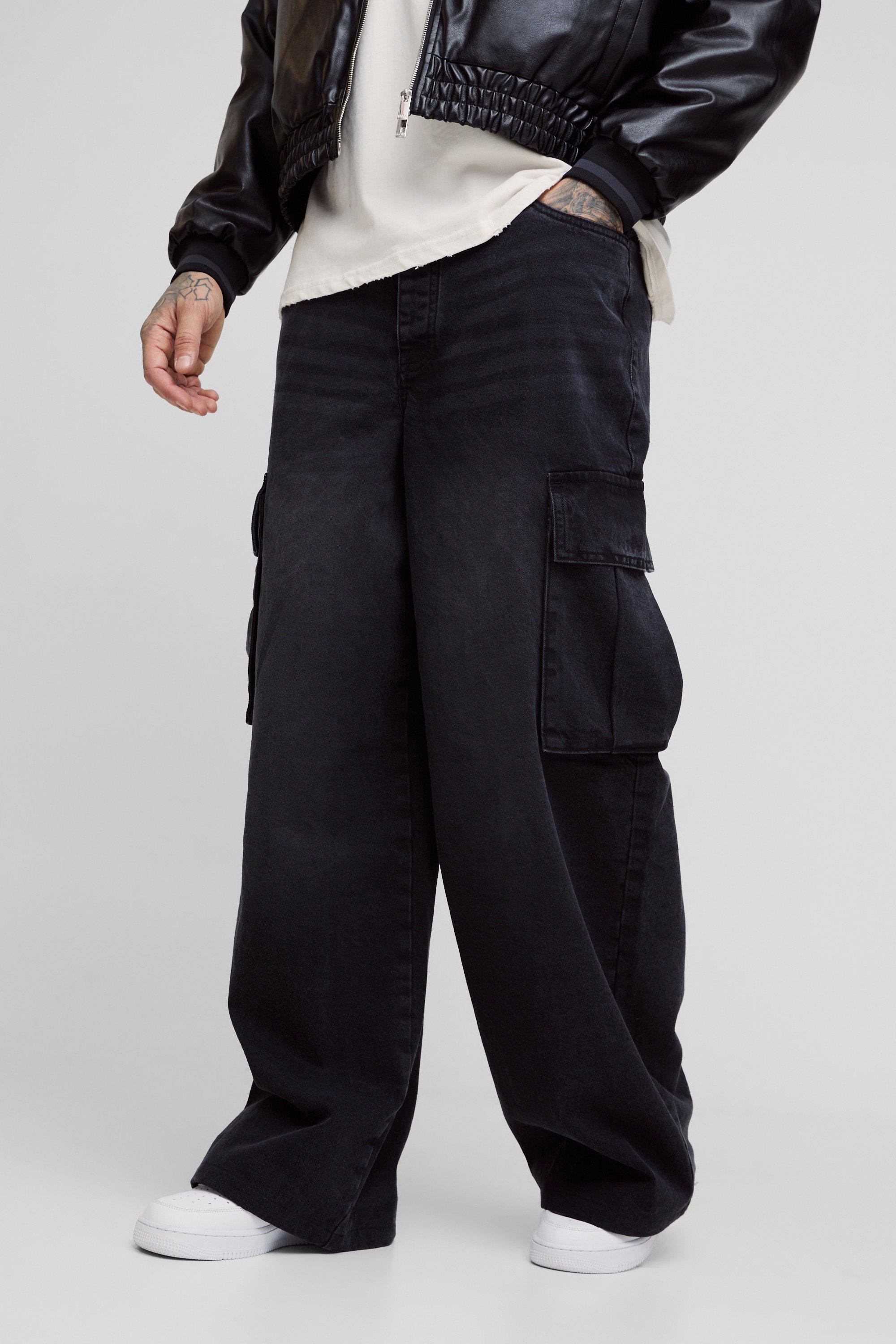 Mens Black Tall Denim Cargo Parachute Jeans with Pleat Waist Detail, Black